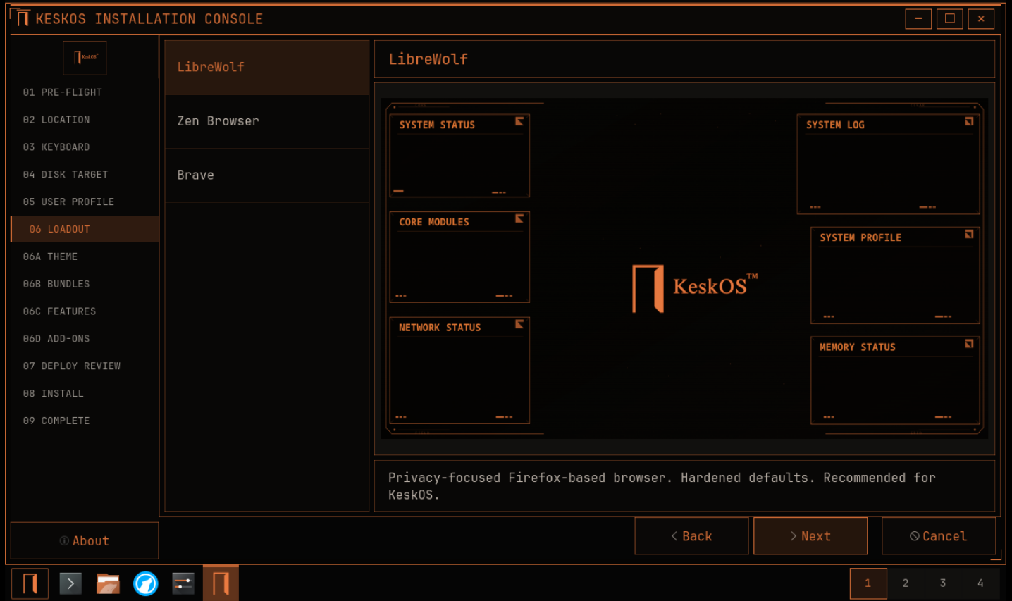 KeskOS browser choice installer screen