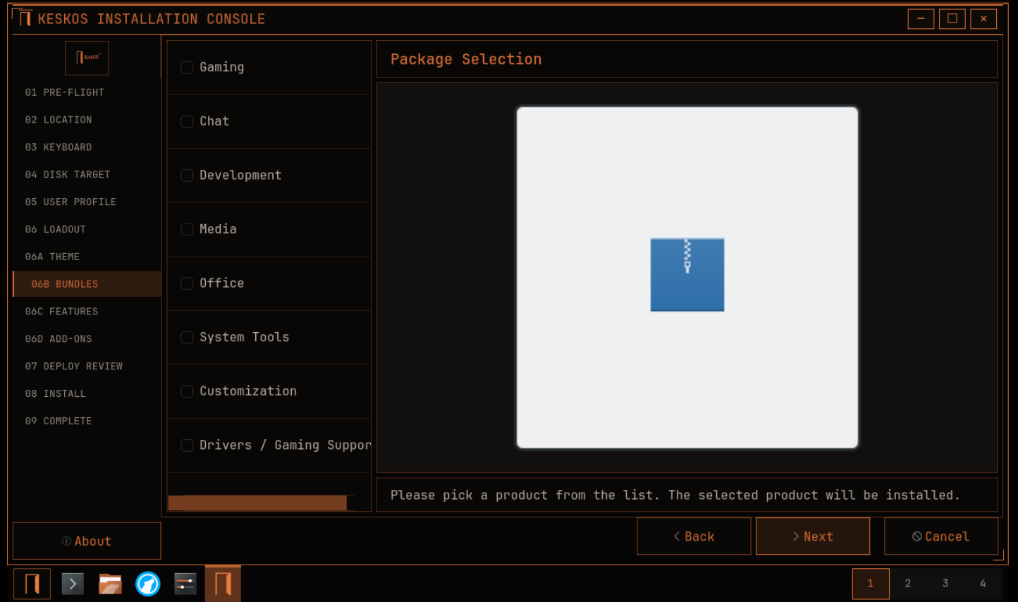 KeskOS installer package selection